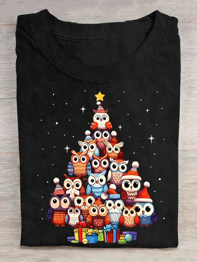 Owl Christmas Tree Cotton T-shirt