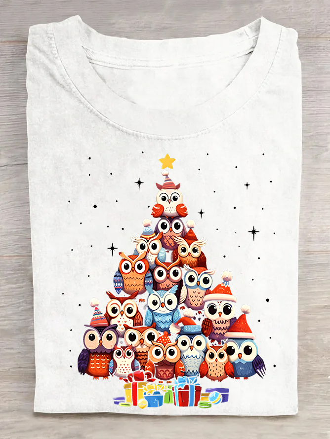 Owl Christmas Tree Cotton T-shirt