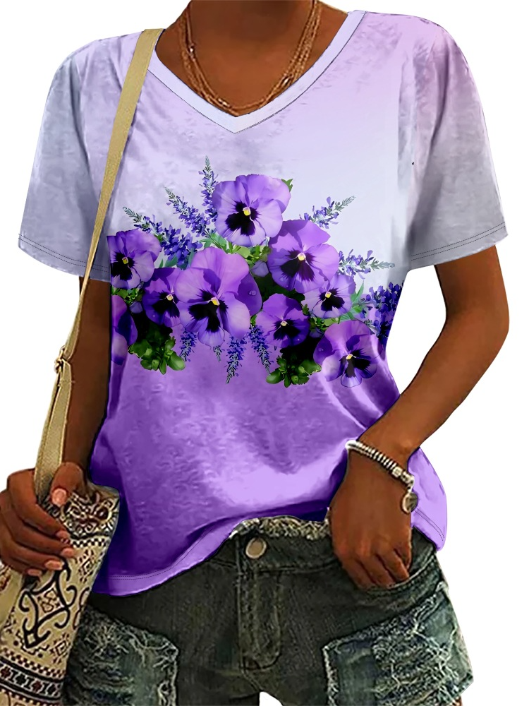 Women's Purple Flower Alzheimer's Awareness Support Print V-Neck Tee