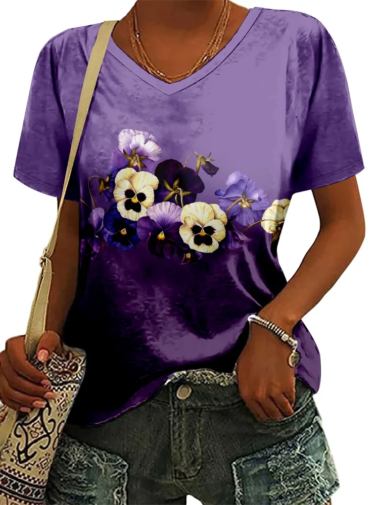 Women's Alzheimer's Purple Floral Print V-Neck T-Shirt