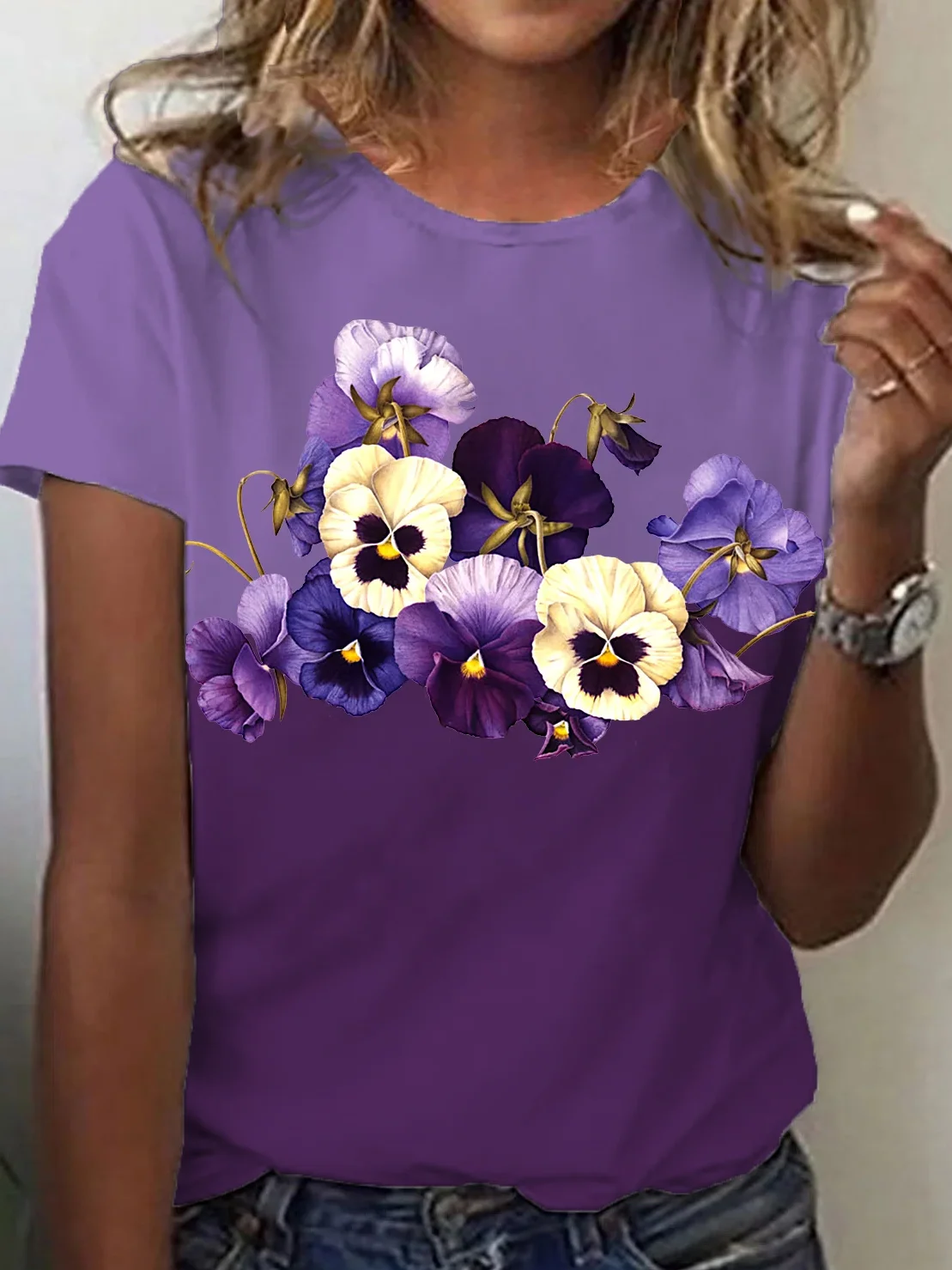 Women's Alzheimer's Purple Floral Print T-Shirt