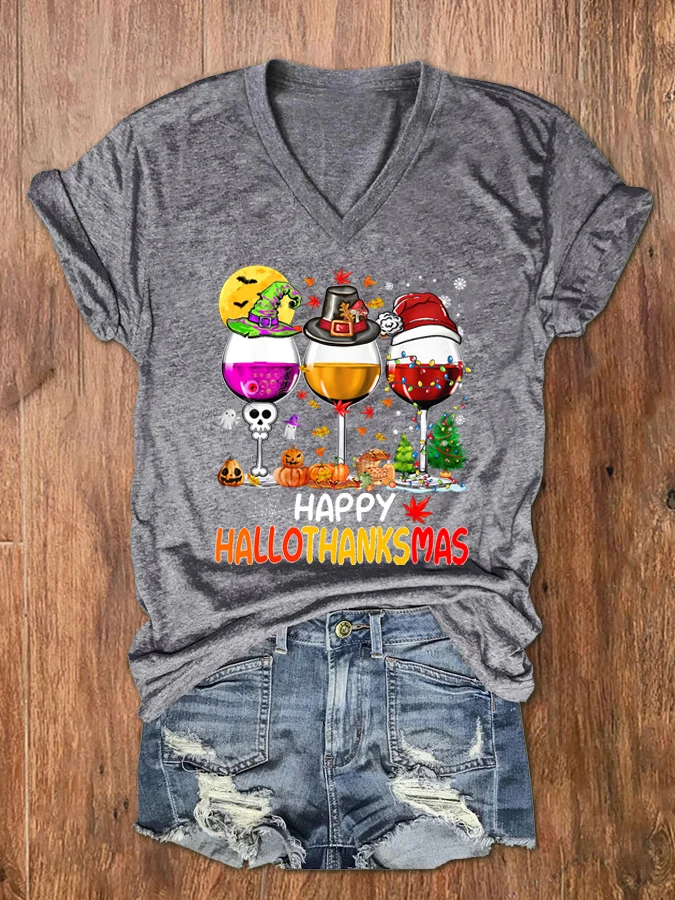 Women's Happy Hallothanksmas Wine Print V-Neck T-Shirt