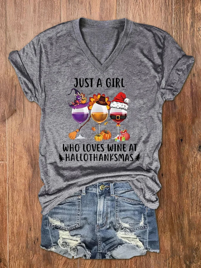 Women's Just A Girl Who Loves Wine At Hallothanksmas Print V-Neck T-Shirt