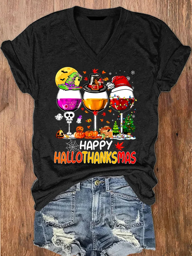 Women's Happy Hallothanksmas Wine Print V-Neck T-Shirt