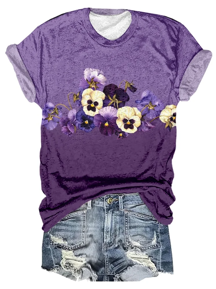 Women's Alzheimer's Purple Floral Print T-Shirt