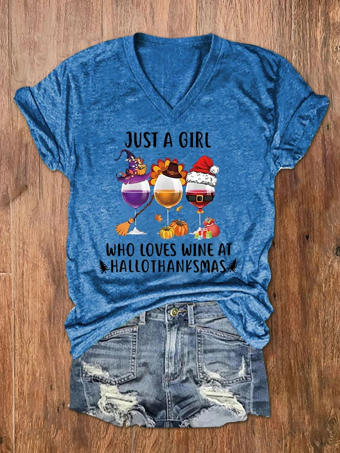 Women's Just A Girl Who Loves Wine At Hallothanksmas Print V-Neck T-Shirt