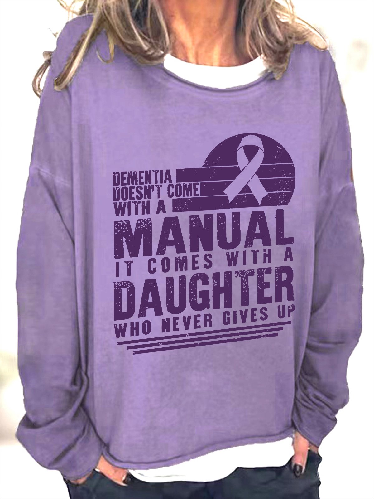 Women's Dementia Doesn't Come With A Manual Dementia Warrior Support Alzheimer's Awareness Print Casual Sweatshirt