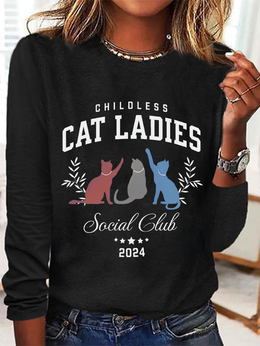 Childless Cat Lady Print Casual Long Sleeve Shirt