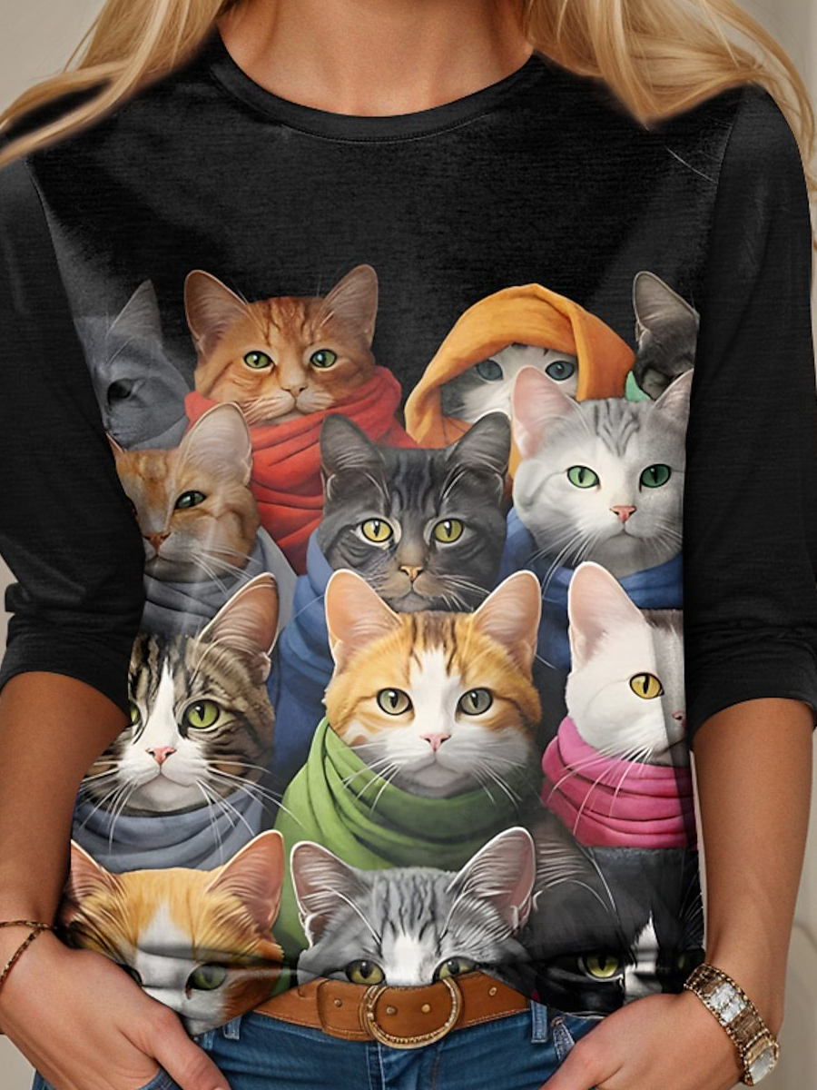 Jersey Crew Neck Cat Casual T-Shirt