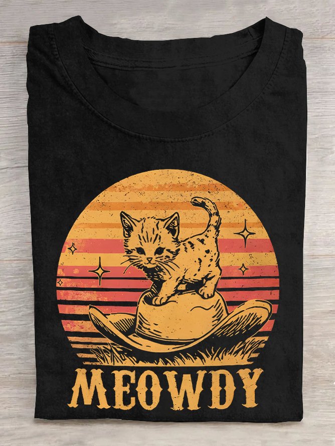 Meowdy Cute Kitten Cat Country Western Cowgirl Vintage  Cotton T-shirt