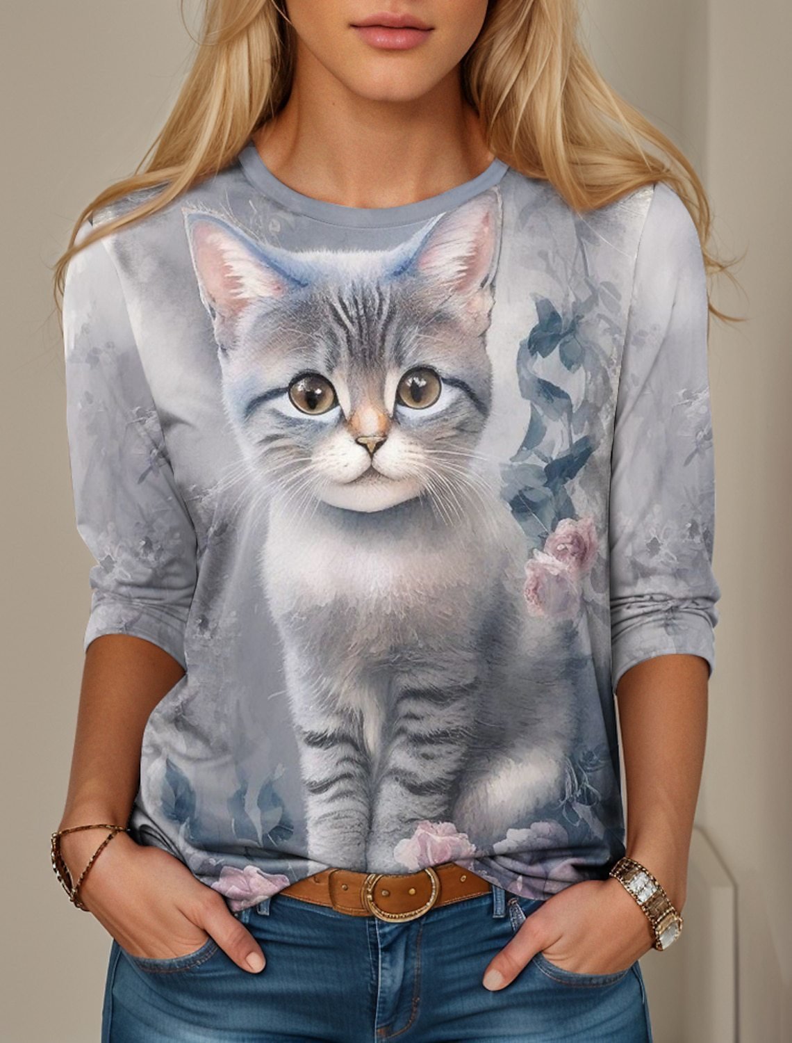 Jersey Crew Neck Cat Casual T-Shirt