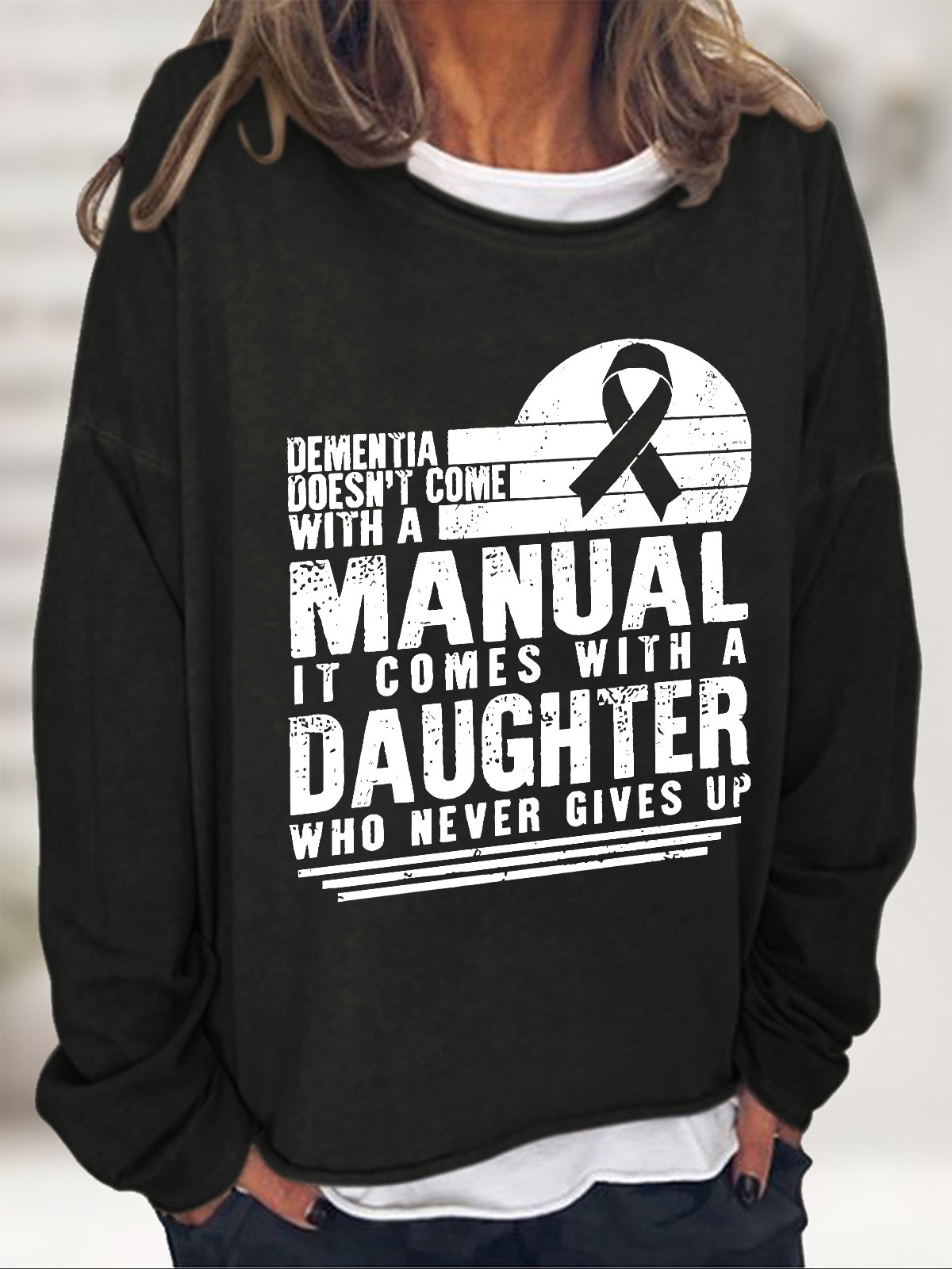 Women's Dementia Doesn't Come With A Manual Dementia Warrior Support Alzheimer's Awareness Print Casual Sweatshirt