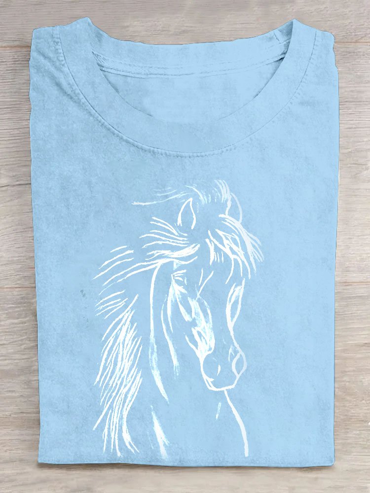 Crew Neck Cotton Horse Casual T-Shirt