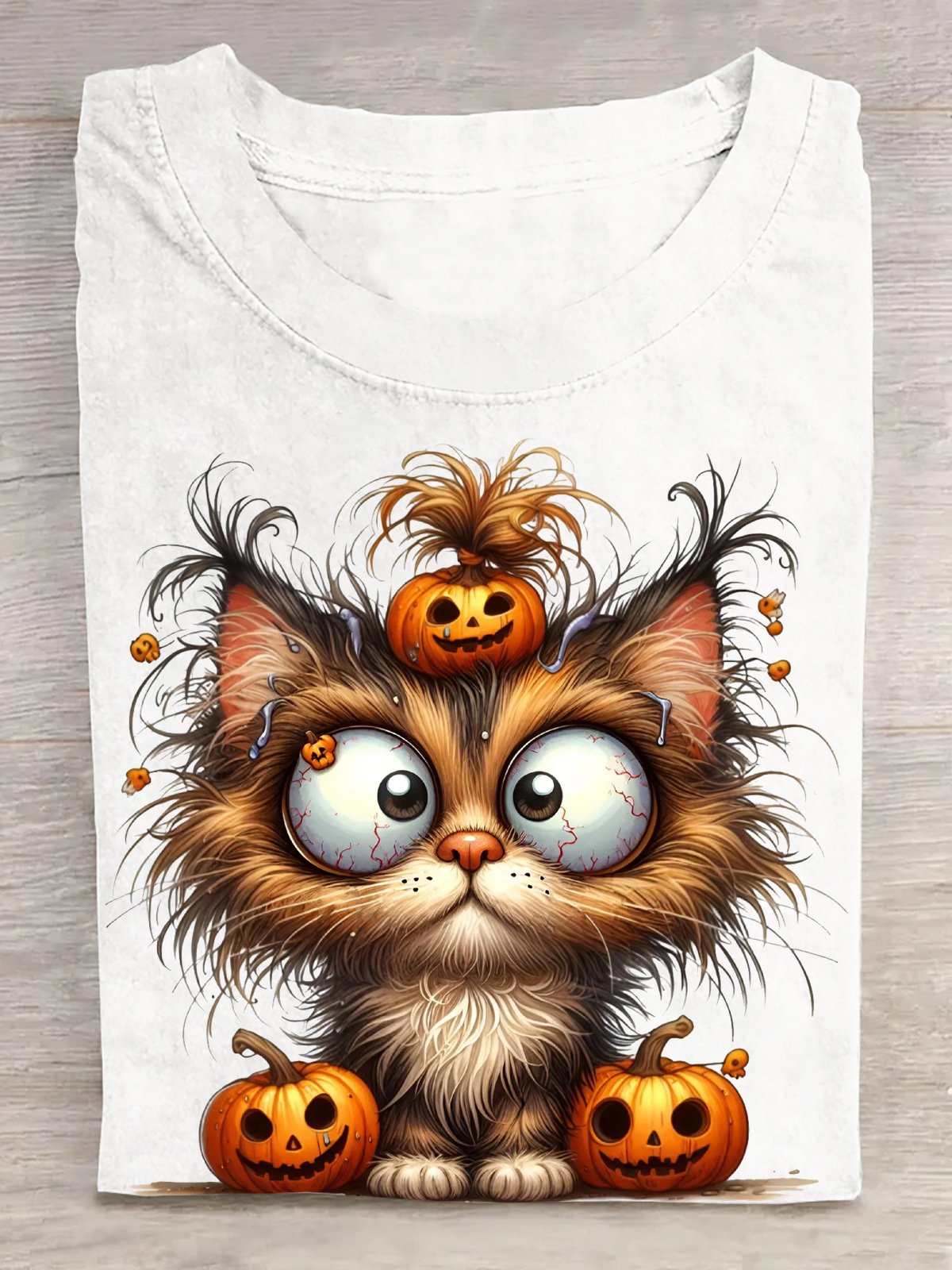 Halloween Cat Clipart with Pumpkin Hat and Big Eyes Cotton T-Shirt