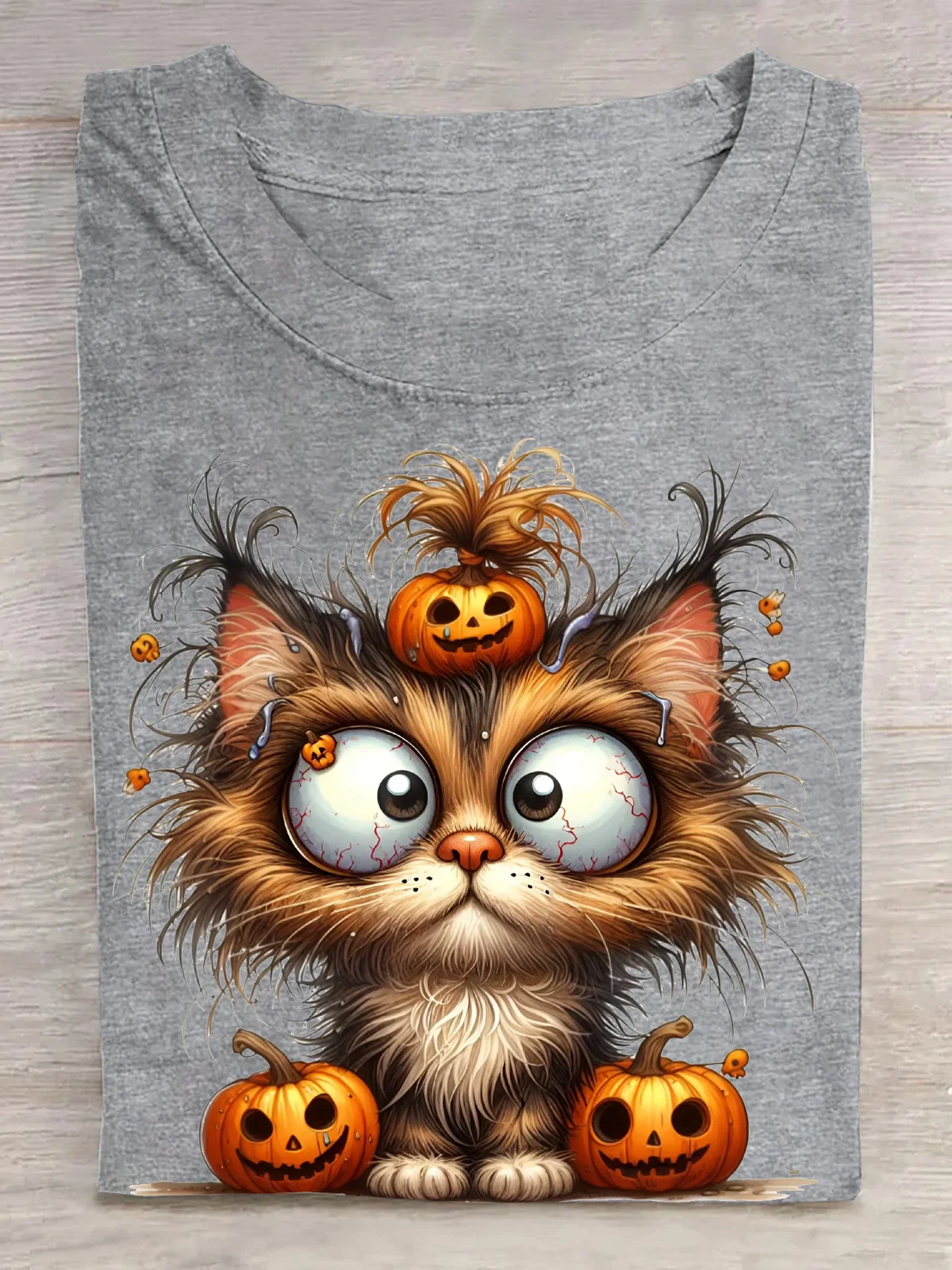 Halloween Cat Clipart with Pumpkin Hat and Big Eyes Cotton T-Shirt