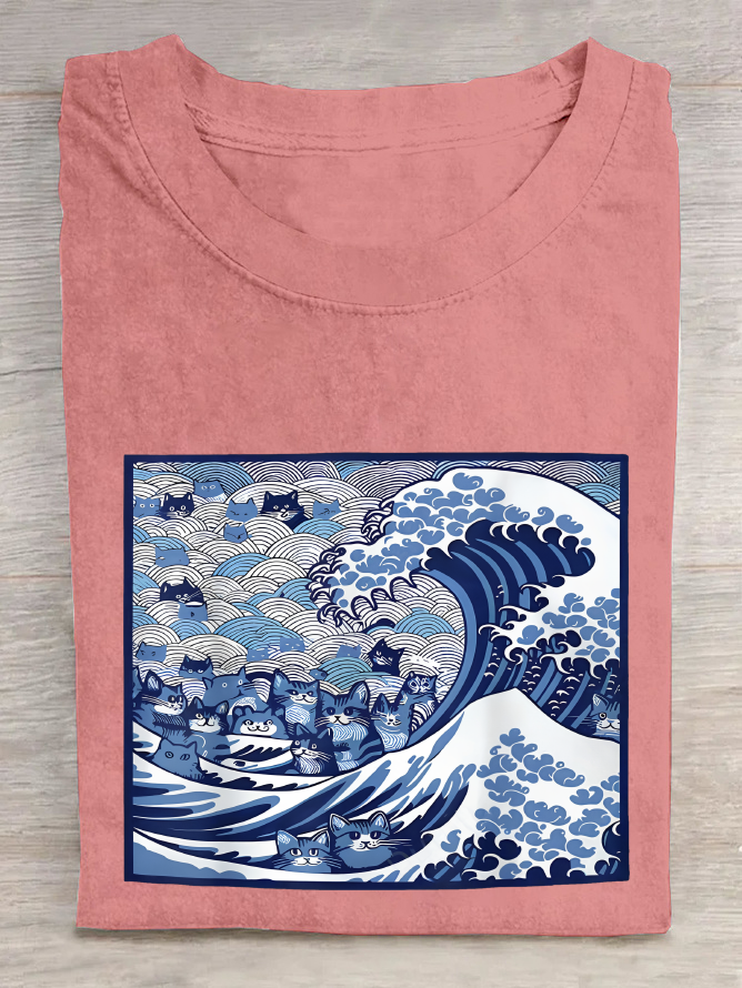 Blue Cats Wave Cotton T-Shirt