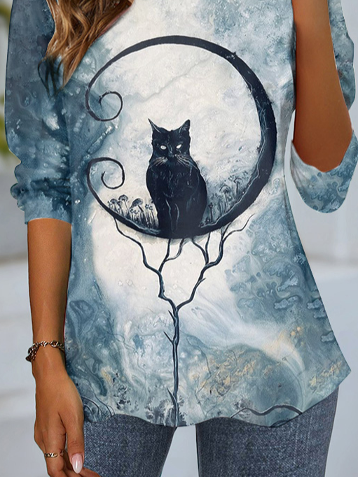 Women's Long Sleeve T-shirt Spring/Fall Black Cat Jersey Crew Neck Daily Going Out Casual Top