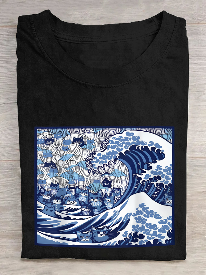 Blue Cats Wave Cotton T-Shirt