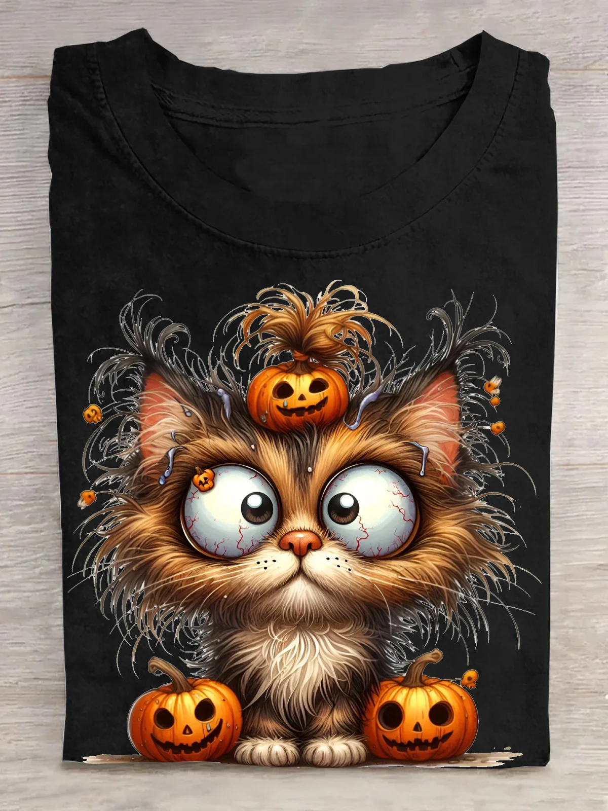 Halloween Cat Clipart with Pumpkin Hat and Big Eyes Cotton T-Shirt