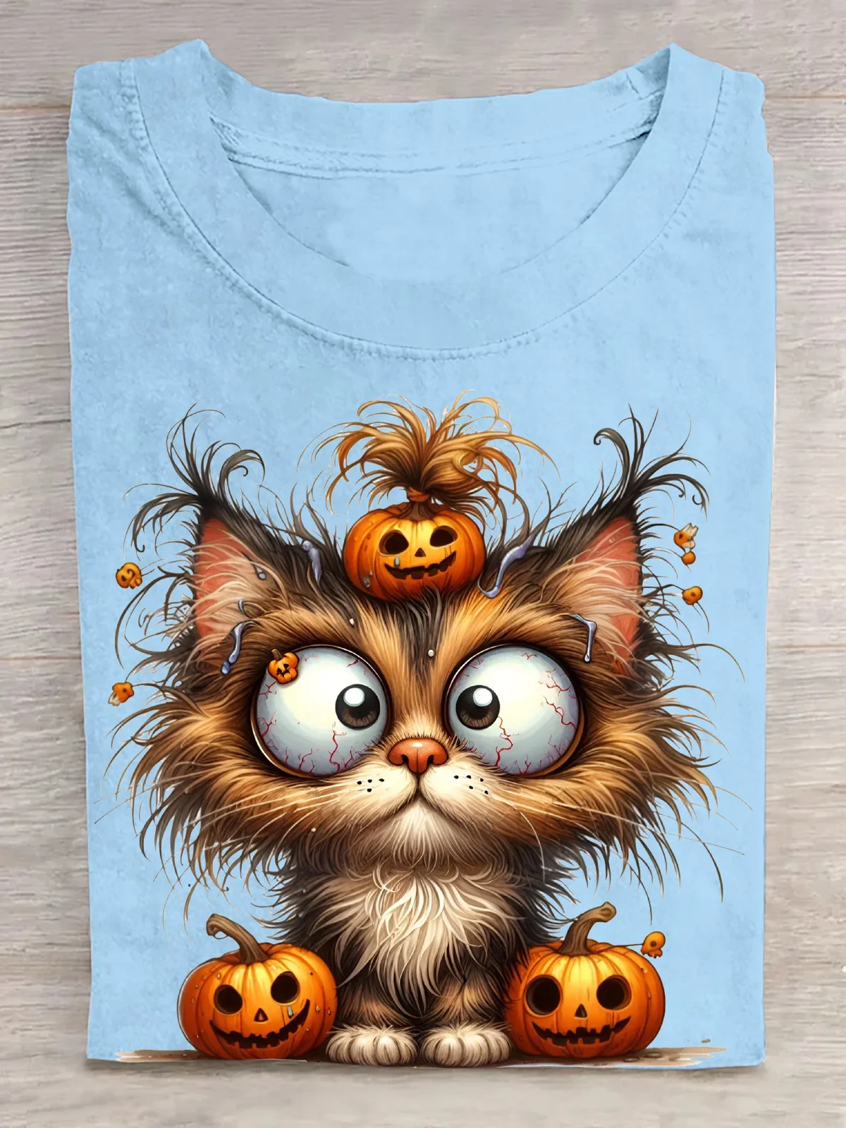 Halloween Cat Clipart with Pumpkin Hat and Big Eyes Cotton T-Shirt