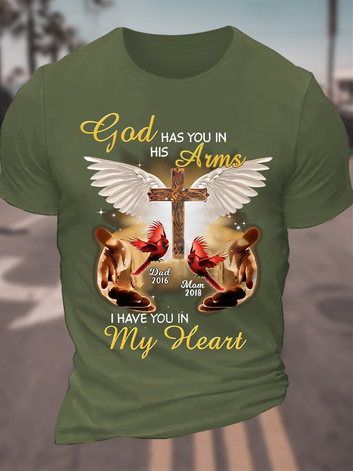 God Has You In His Arms, I Have You In My Heart Custom Cardinal Memorial Cotton T-shirt