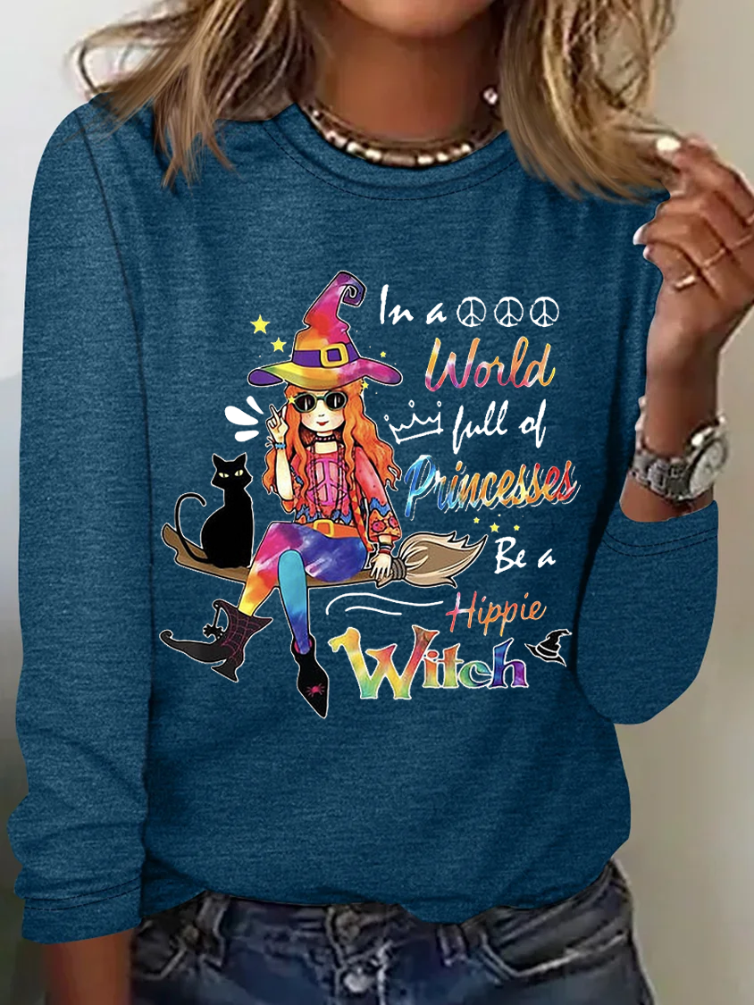 Hippie Girl And Black Cat A Hippie Witch Halloween T-shirt