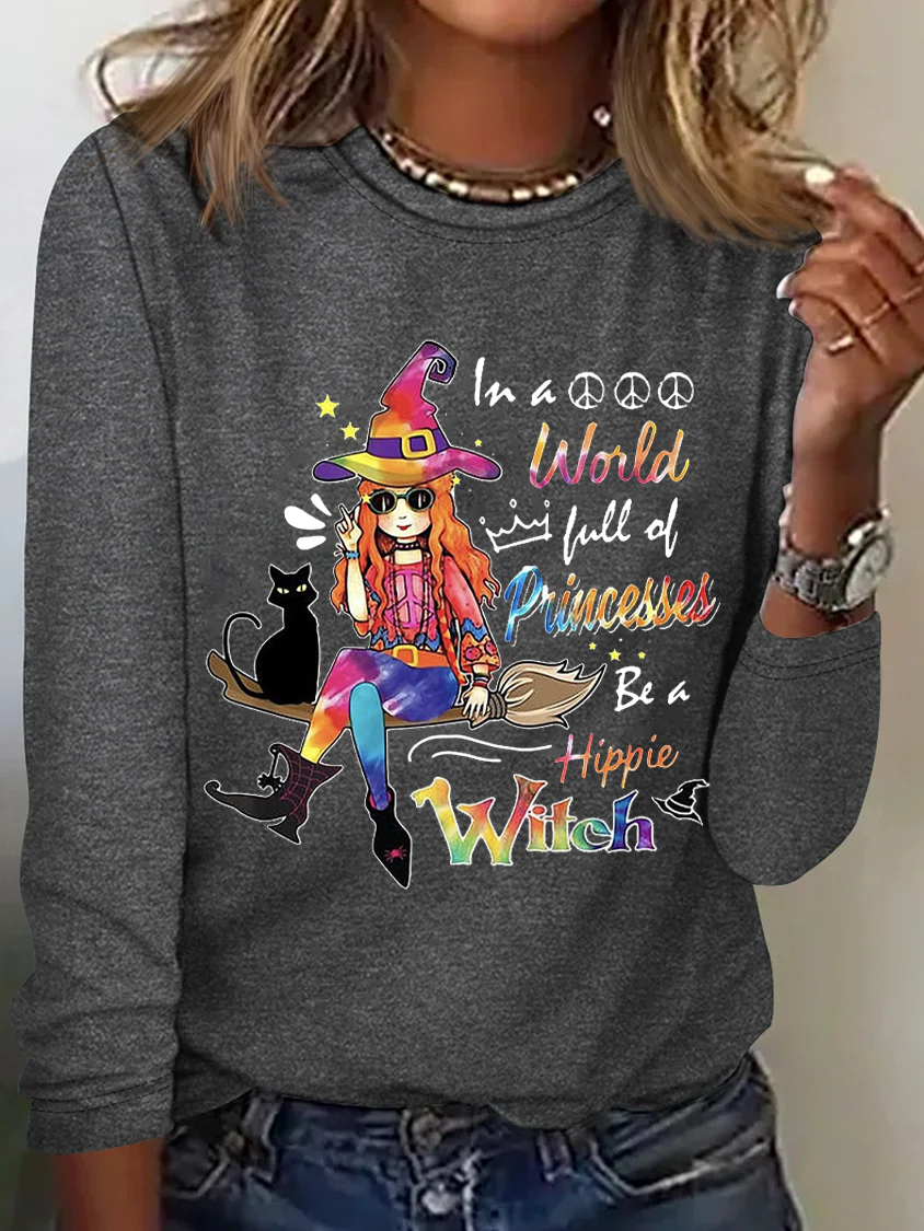 Hippie Girl And Black Cat A Hippie Witch Halloween T-shirt