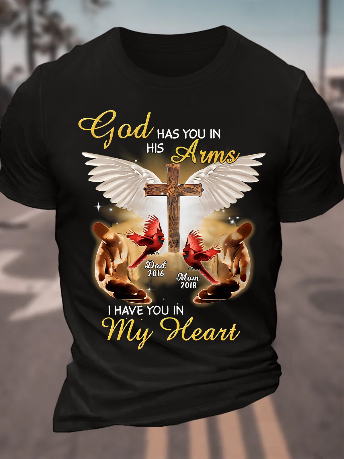 God Has You In His Arms, I Have You In My Heart Custom Cardinal Memorial Cotton T-shirt