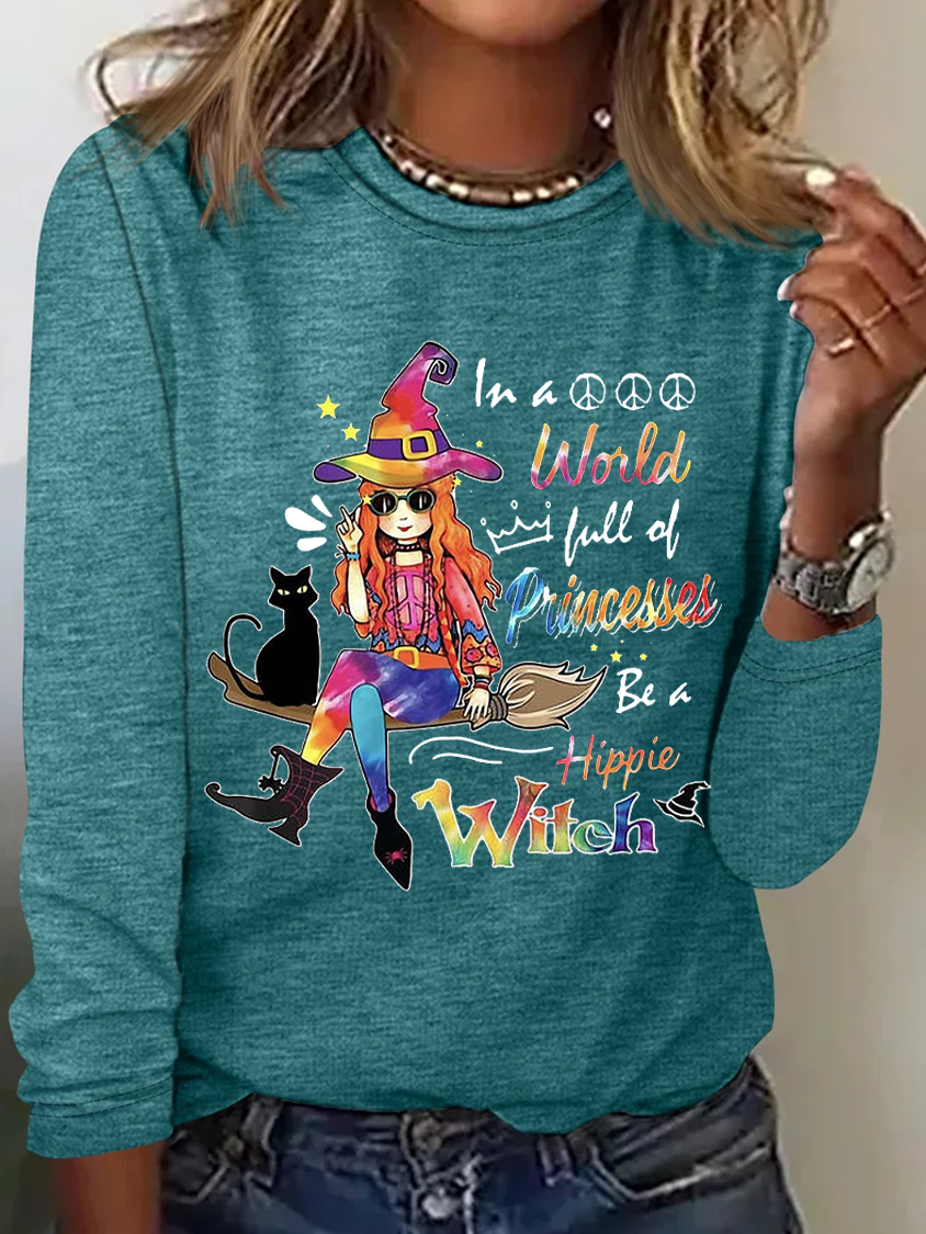 Hippie Girl And Black Cat A Hippie Witch Halloween T-shirt