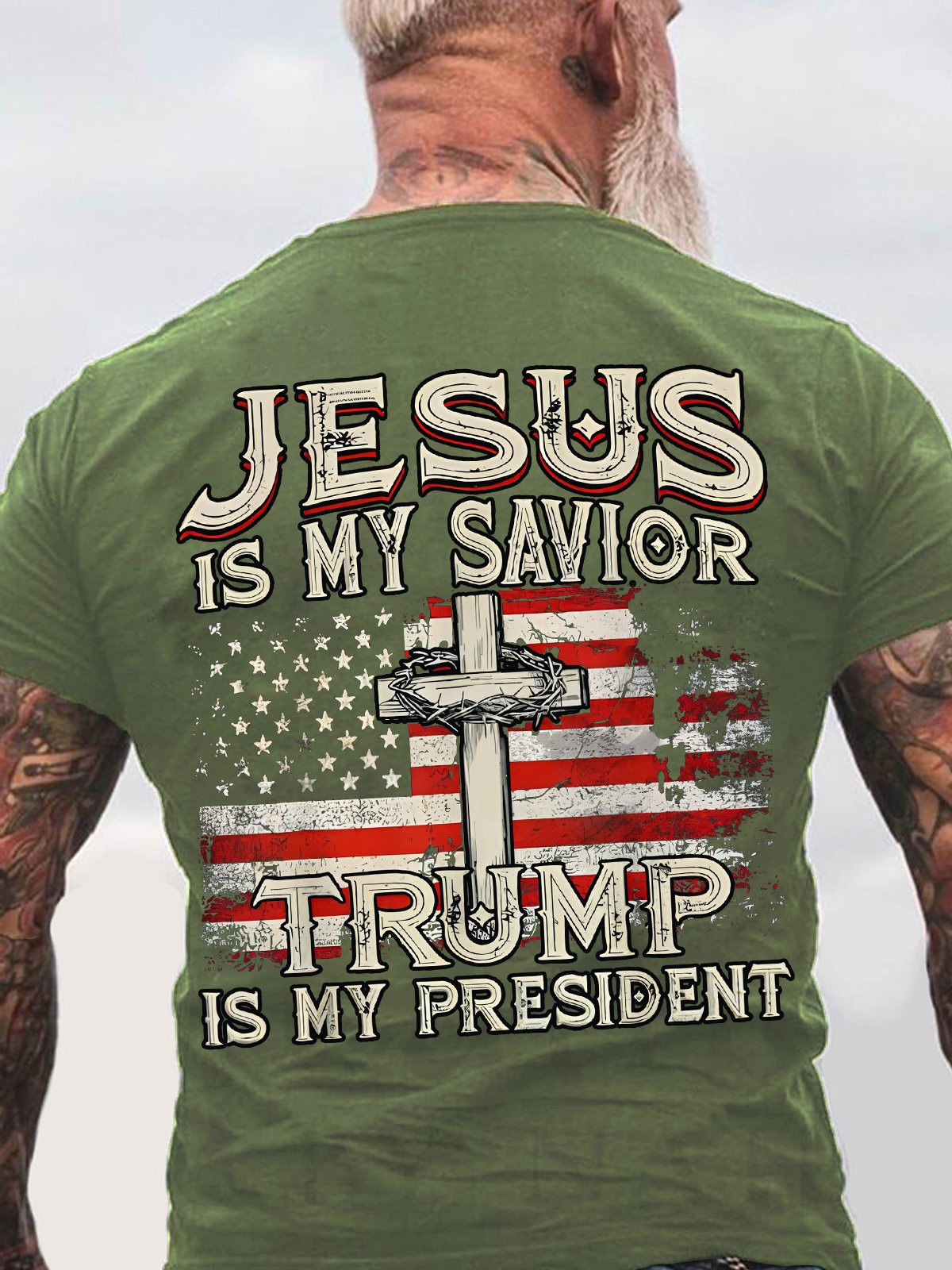 Jesus Is My Savior Trump Is My President American Flag Back Cotton T-shirt