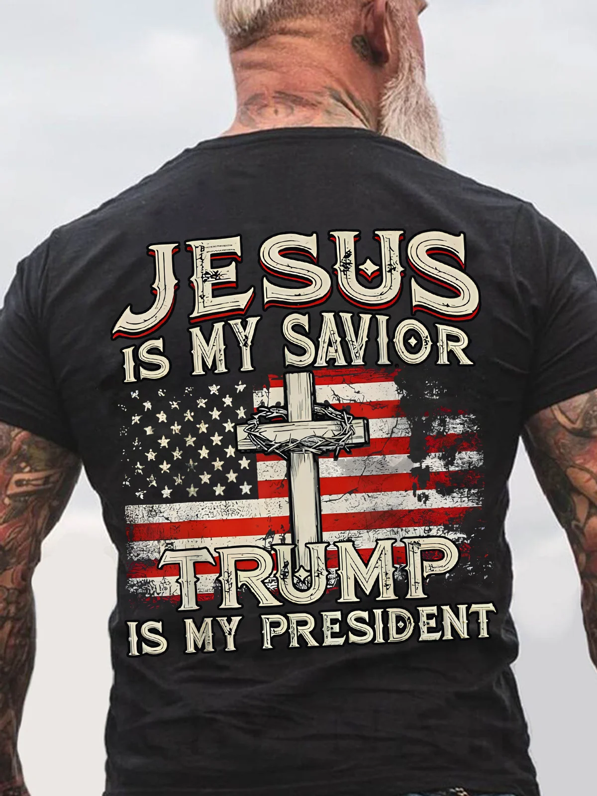 Jesus Is My Savior Trump Is My President American Flag Back Cotton T-shirt