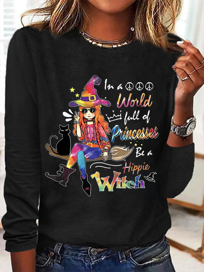 Hippie Girl And Black Cat A Hippie Witch Halloween T-shirt