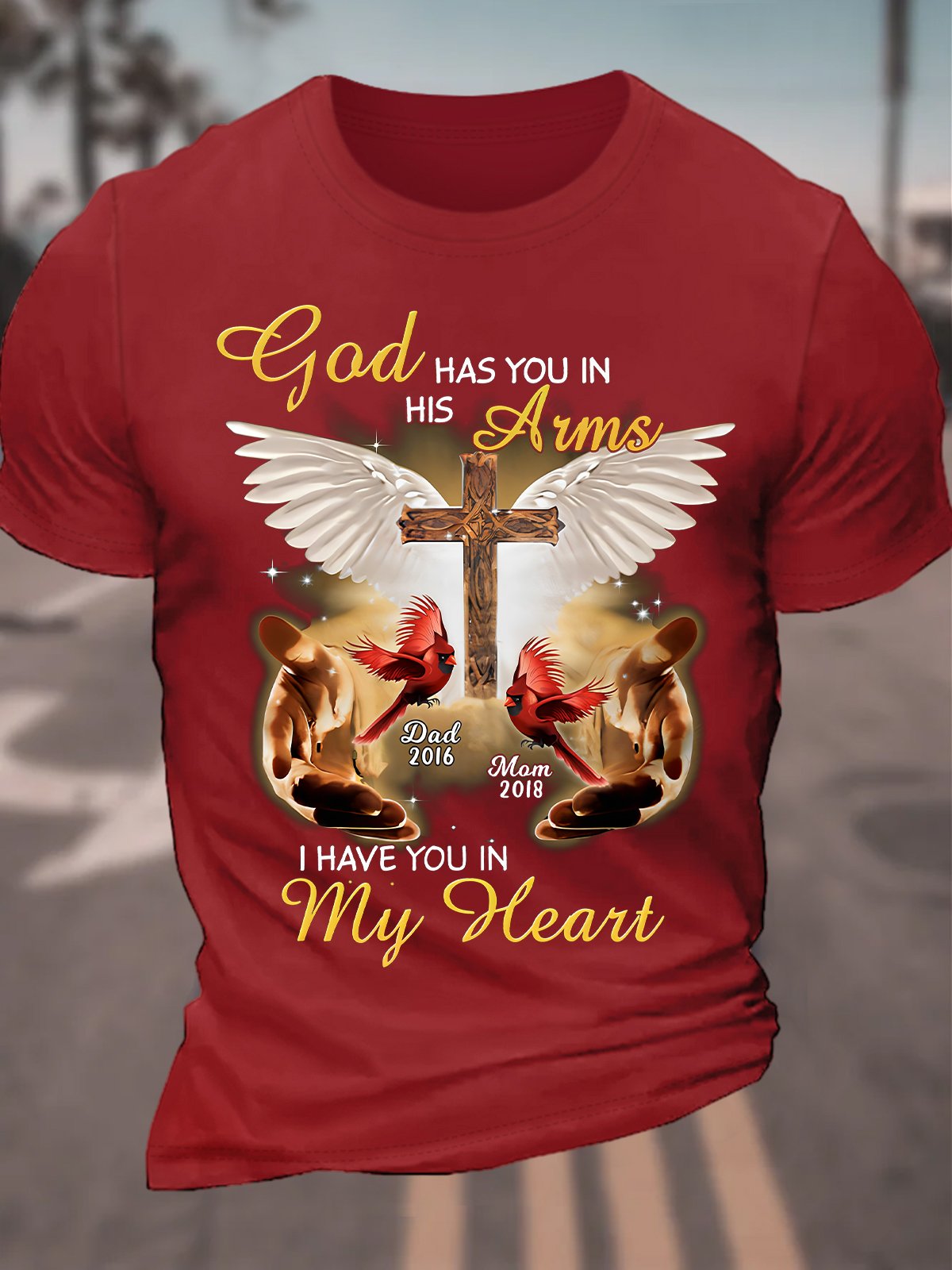 God Has You In His Arms, I Have You In My Heart Custom Cardinal Memorial Cotton T-shirt