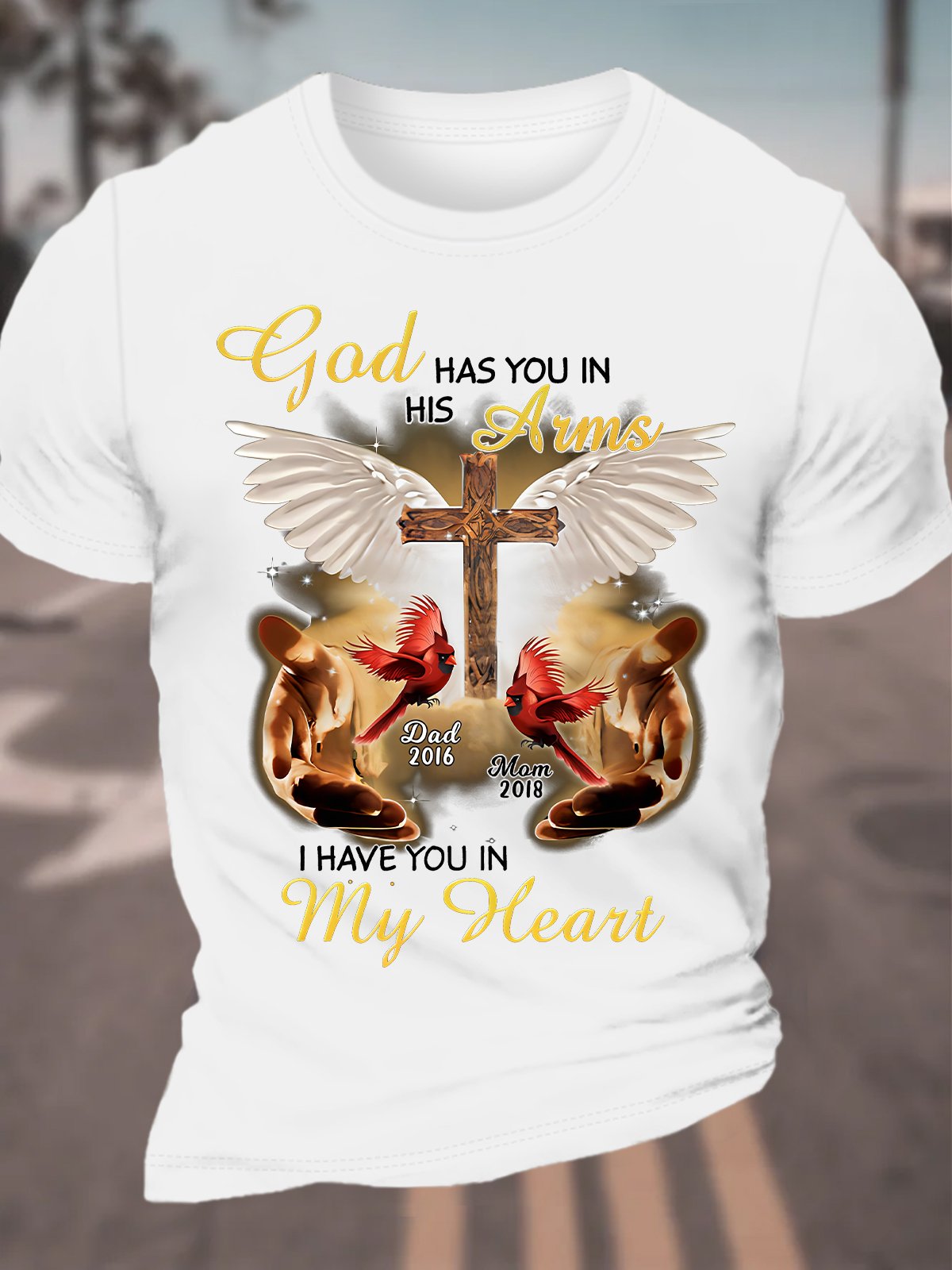 God Has You In His Arms, I Have You In My Heart Custom Cardinal Memorial Cotton T-shirt