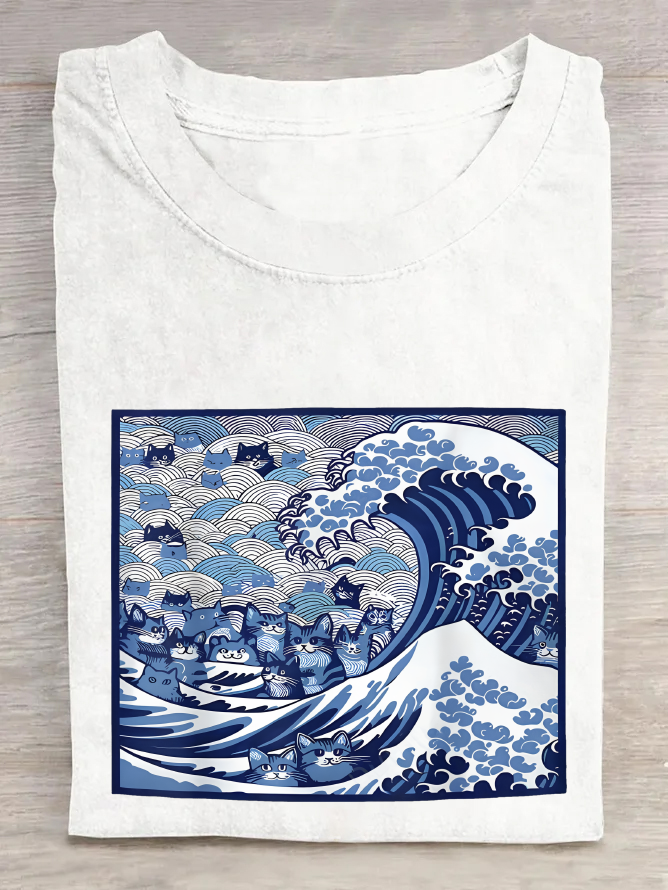 Blue Cats Wave Cotton T-Shirt