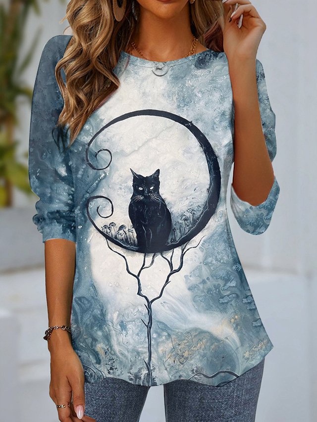 Women's Long Sleeve T-shirt Spring/Fall Black Cat Jersey Crew Neck Daily Going Out Casual Top