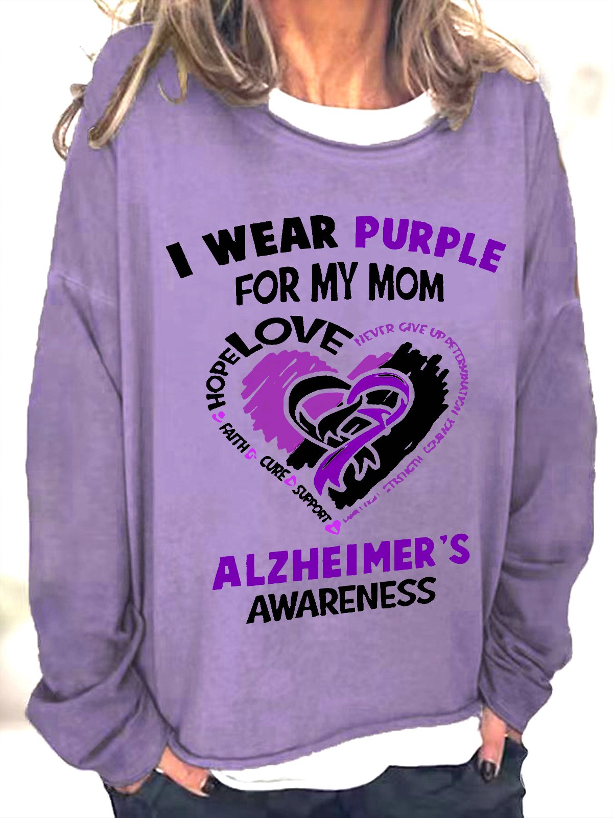 Women's Alzheimer's Awareness I Wear Purple For My Mom - Heart Ribbon Casual Sweatshirt