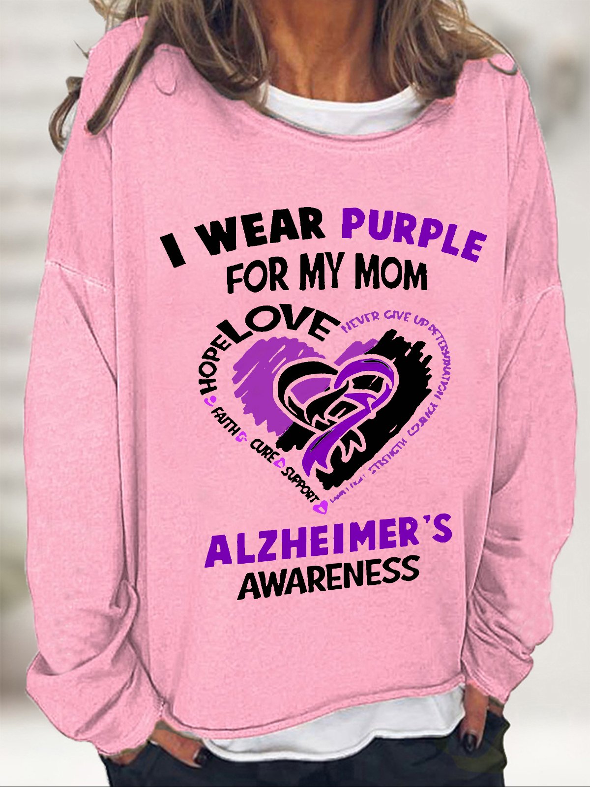 Women's Alzheimer's Awareness I Wear Purple For My Mom - Heart Ribbon Casual Sweatshirt