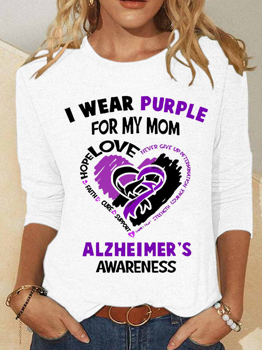 Women's Alzheimer's Awareness I Wear Purple For My Mom - Heart Ribbon Casual Long Sleeve Shirt