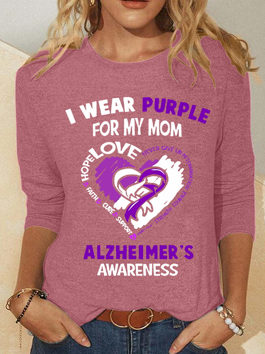 Women's Alzheimer's Awareness I Wear Purple For My Mom - Heart Ribbon Casual Long Sleeve Shirt