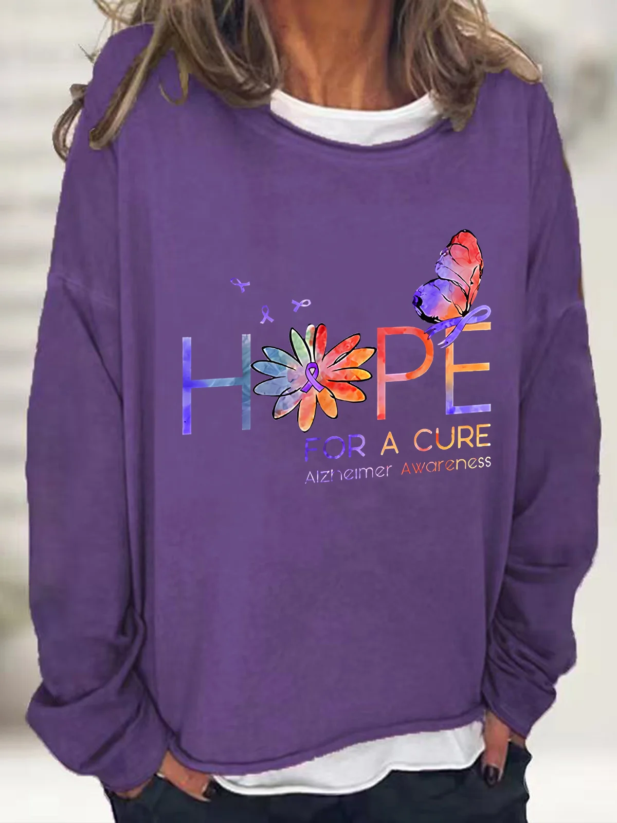 Women's Hope For A Cure Purple Ribbon Alzheimer's Awareness Fighter Supporter  Casual Sweatshirt