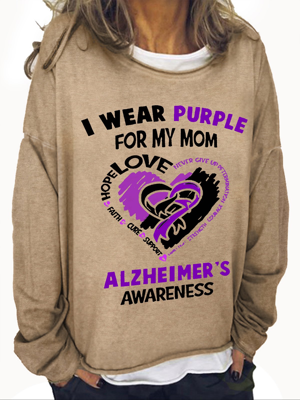 Women's Alzheimer's Awareness I Wear Purple For My Mom - Heart Ribbon Casual Sweatshirt