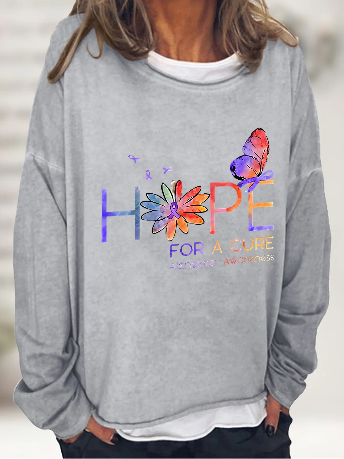 Women's Hope For A Cure Purple Ribbon Alzheimer's Awareness Fighter Supporter  Casual Sweatshirt