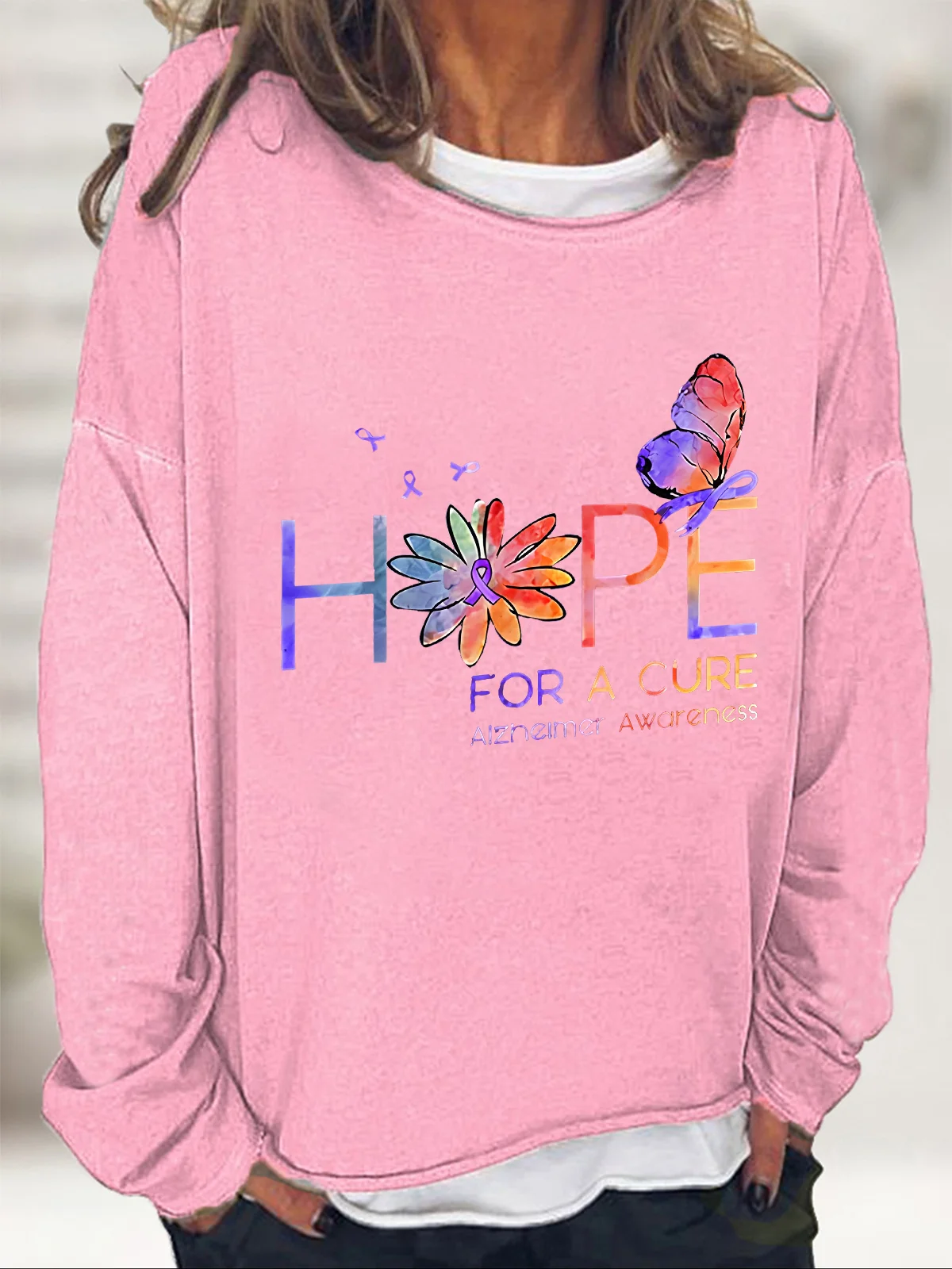 Women's Hope For A Cure Purple Ribbon Alzheimer's Awareness Fighter Supporter  Casual Sweatshirt