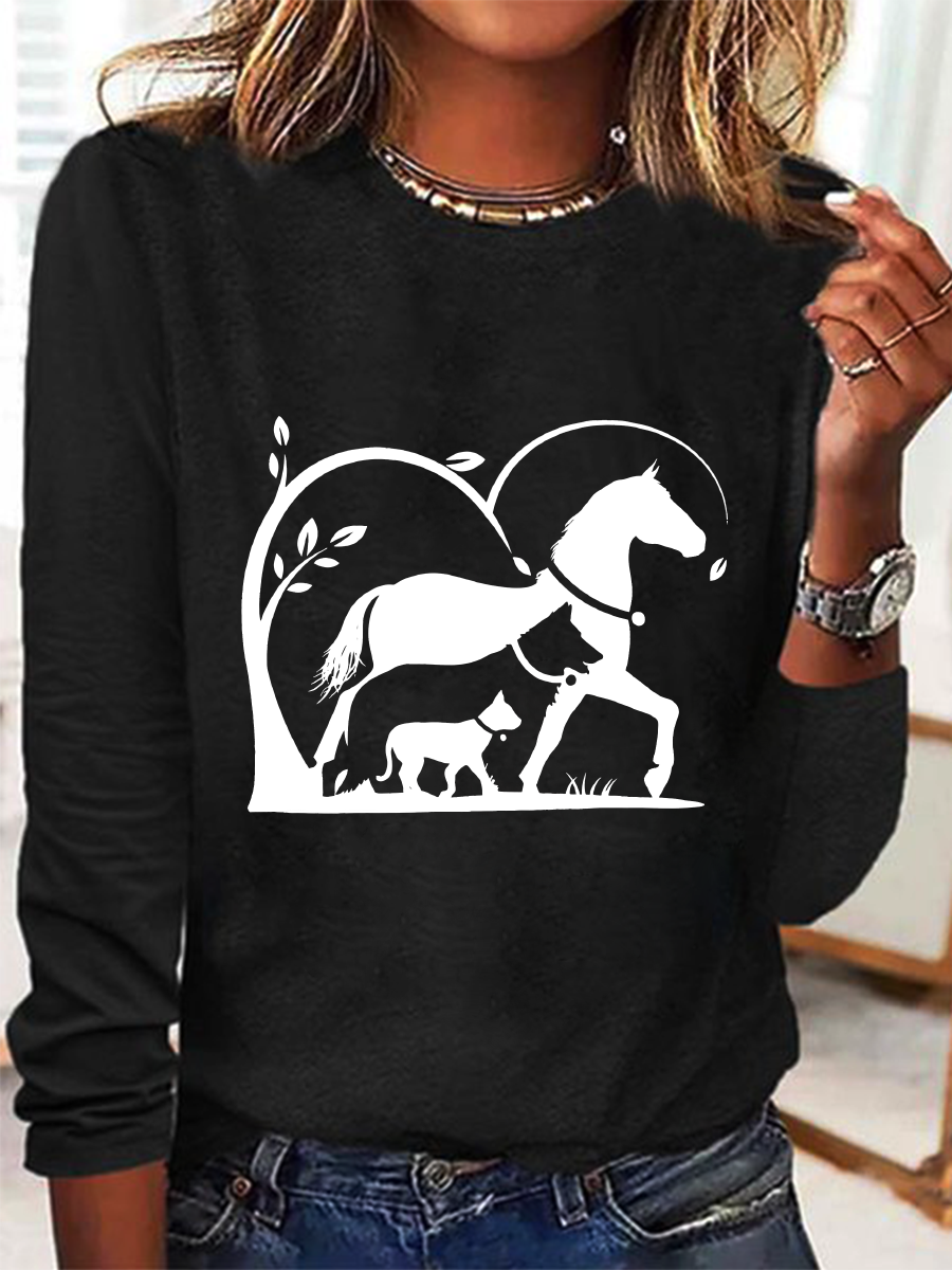 Horse, Dog And Cat Horse Silhouette Casual Long Sleeve Shirt