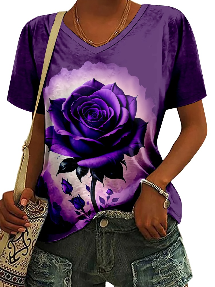 Women's Alzheimer's Awareness Purple Rose Print V-Neck T-Shirt