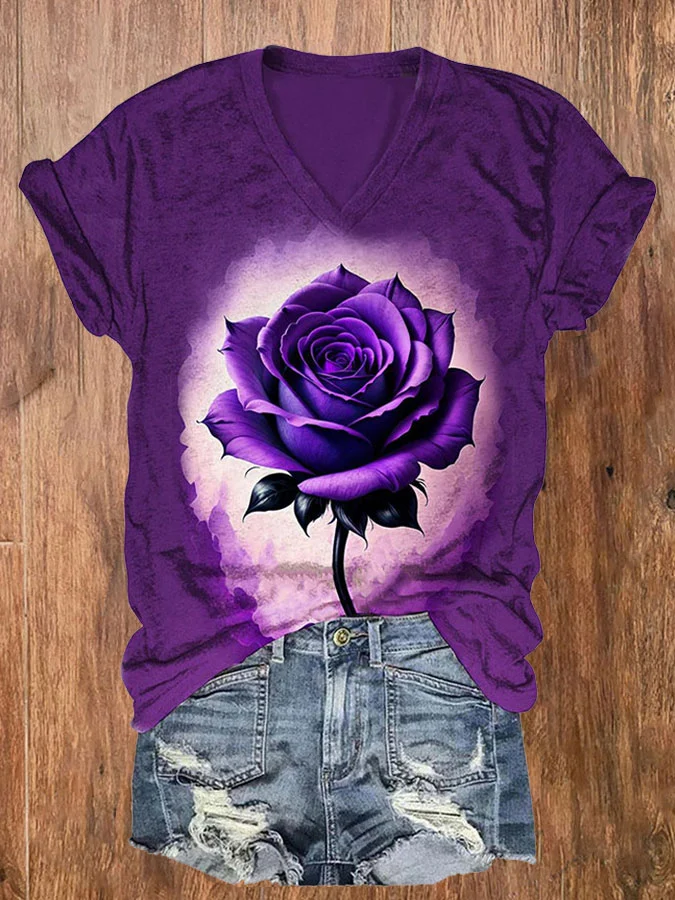 Women's Alzheimer's Awareness Purple Rose Print V-Neck T-Shirt