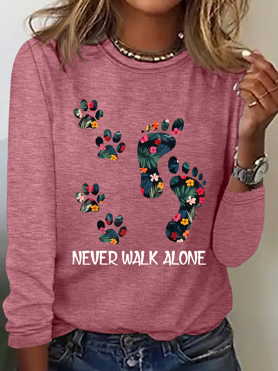 Never Walk Alone Paw Dog Flower Casual Long Sleeve Shirt