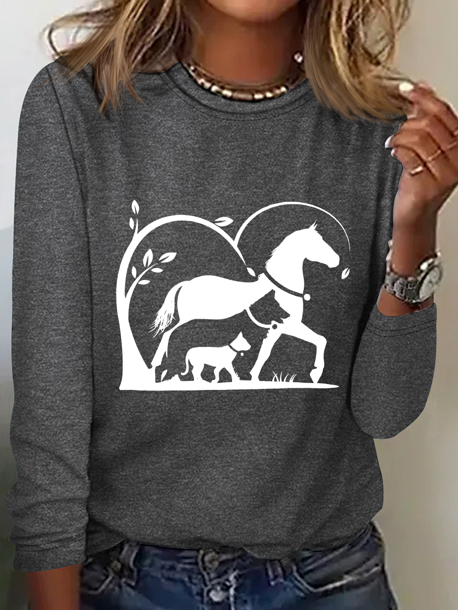 Horse, Dog And Cat Horse Silhouette Casual Long Sleeve Shirt