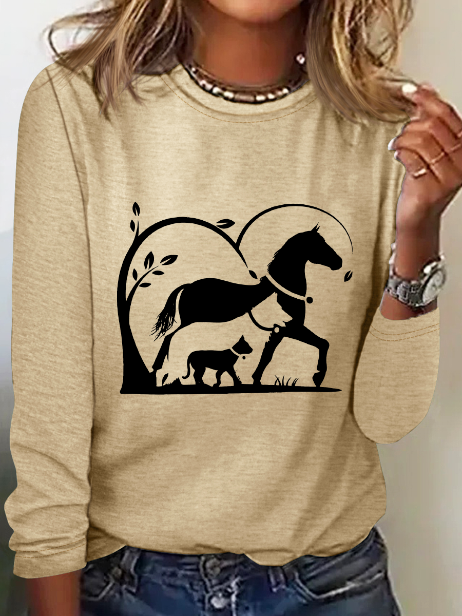 Horse, Dog And Cat Horse Silhouette Casual Long Sleeve Shirt